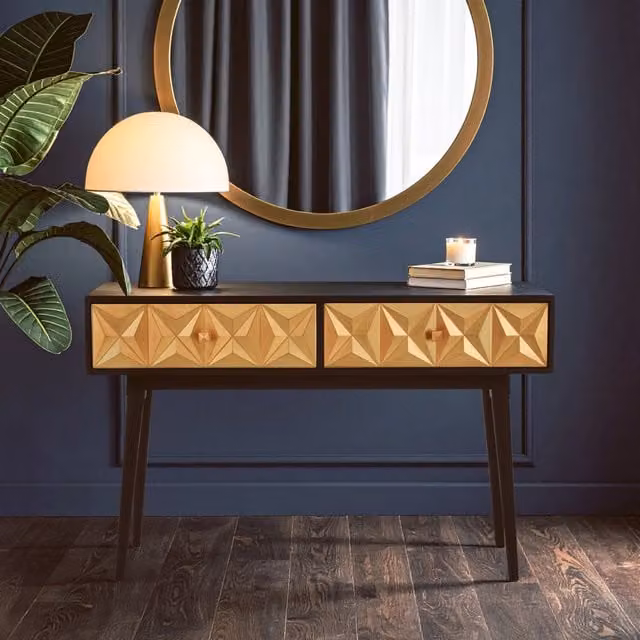 Orsina Malta Modern Geometric Mango Wood Console Table in Black and Gold