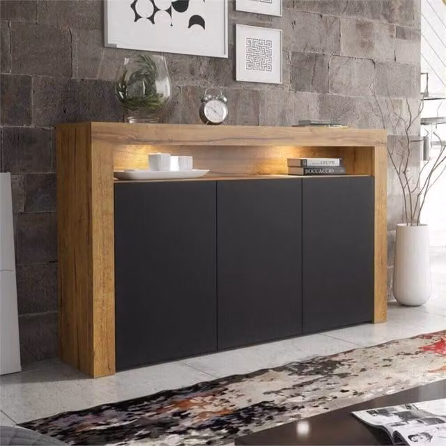 PAWNORA Modern Oak Matt Body and Black Matt Doors TV Stand Sideboard in Brown with Integrated Lighting – 1