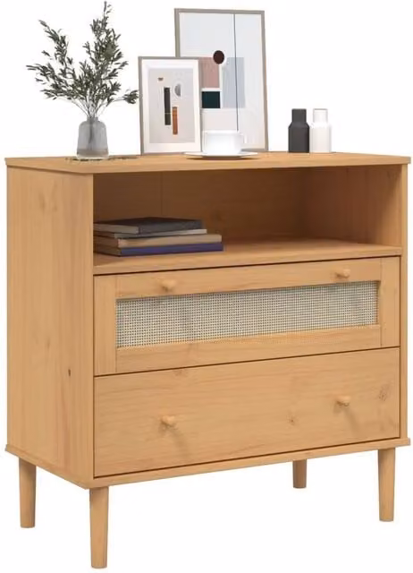 Berkfield Home SENJA Sideboard in Brown Rattan Look Solid Pine Wood, W/D/H: 80 x 40 x 80 cm