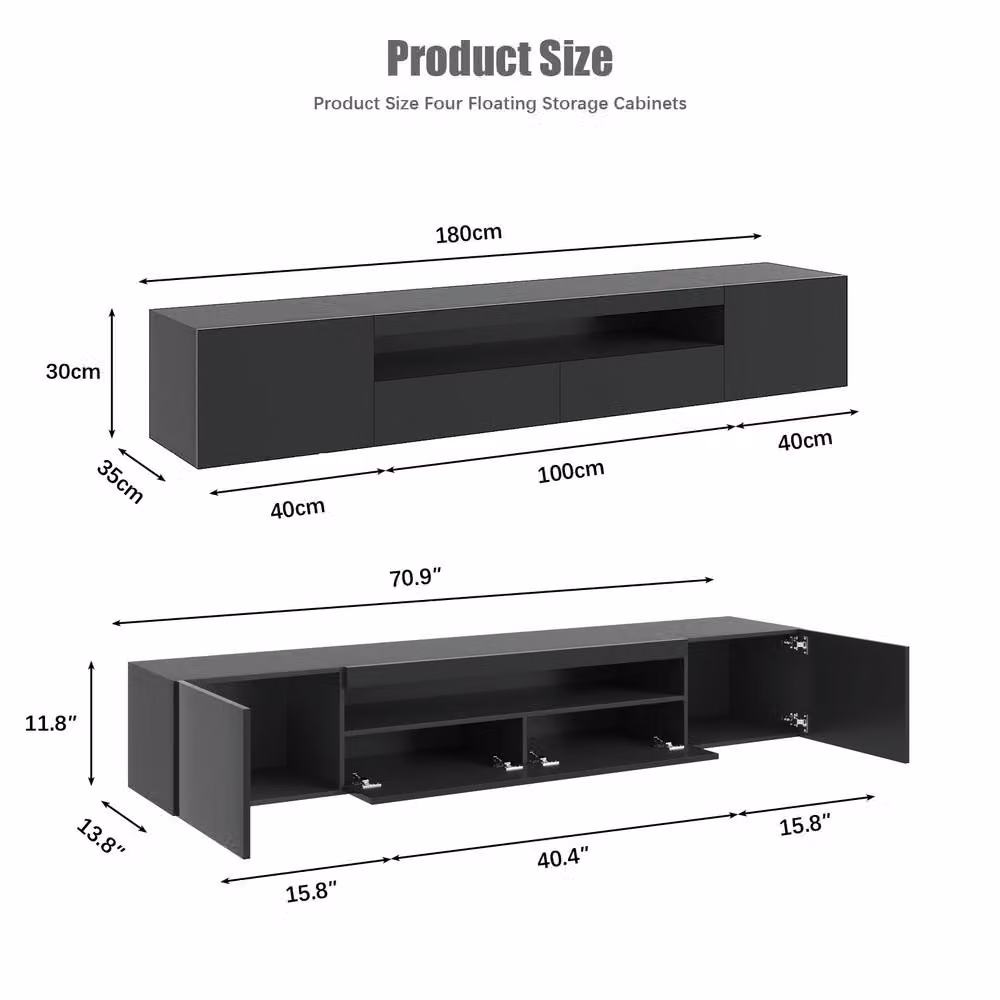 KEEPREAPER Floating TV Stand for 55-80 inch TVs with LED Light and Storage Cabinet, Black – 3