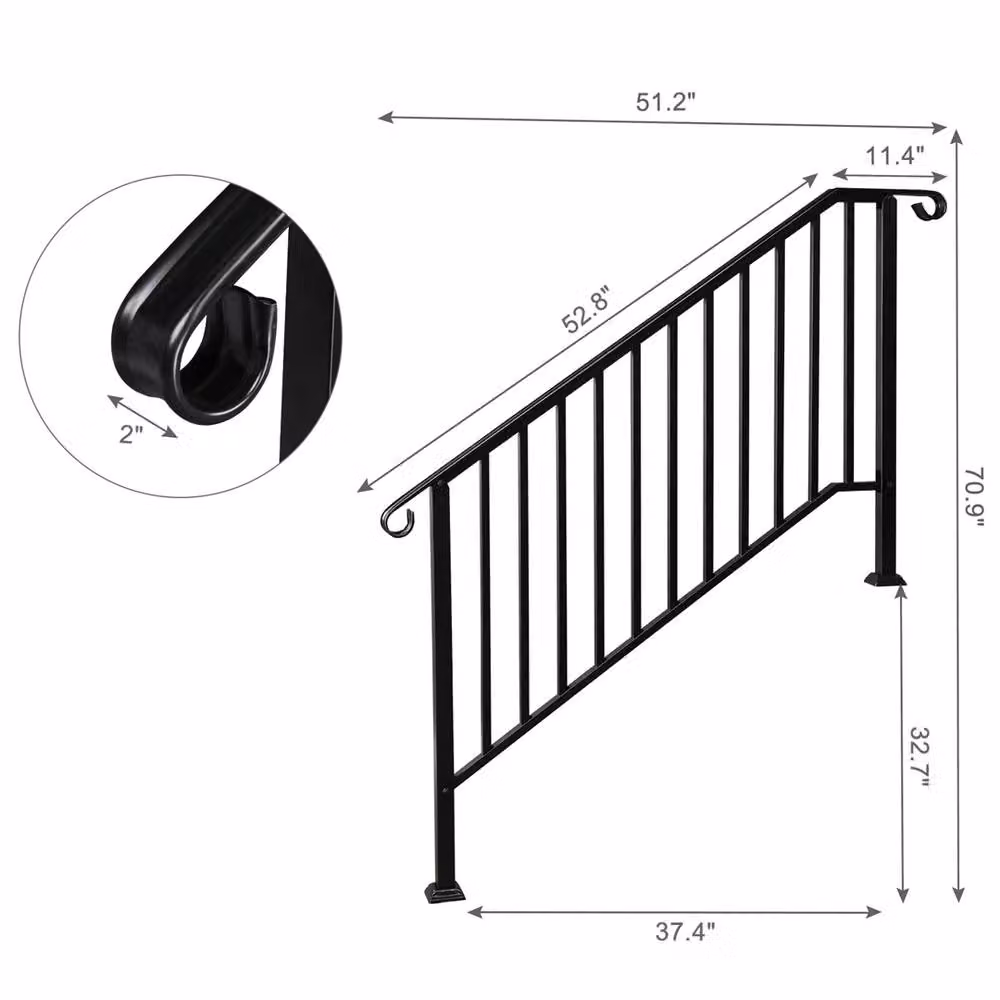 SPETLEK Black Iron Step Handrail for 4 to 5 Steps, Matt Round Steel Stair Railing for Outdoor Decks – 2