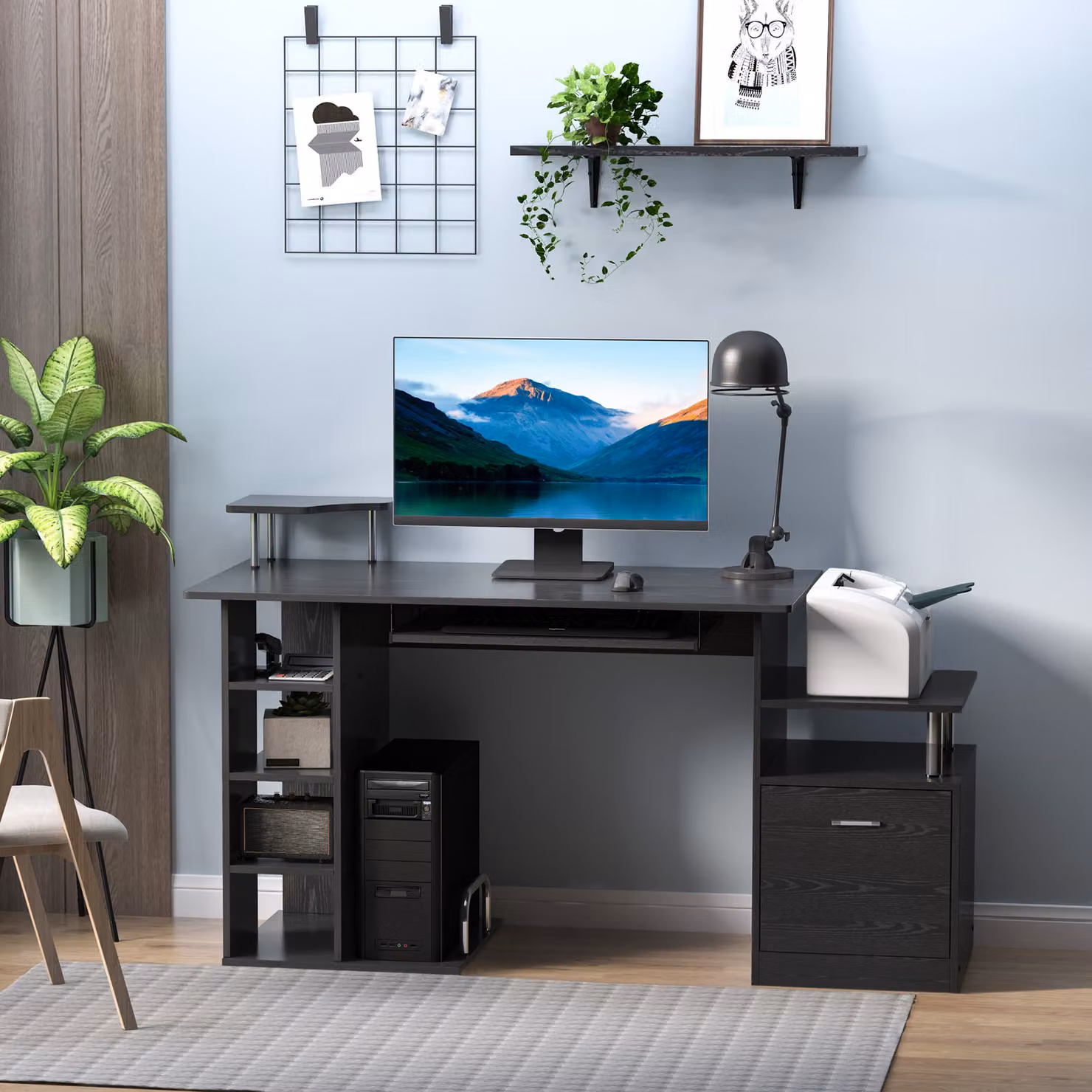 HOMCOM Black Computer Desk with Drawer and CPU Storage Rack for Home Office – 2