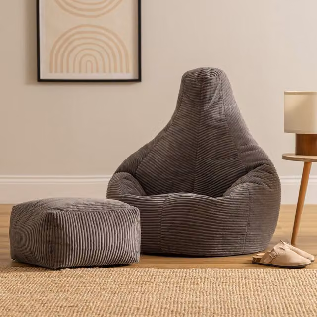 icon Dalton Gaming Bean Bag Chair and Footstool in Charcoal Grey Corduroy