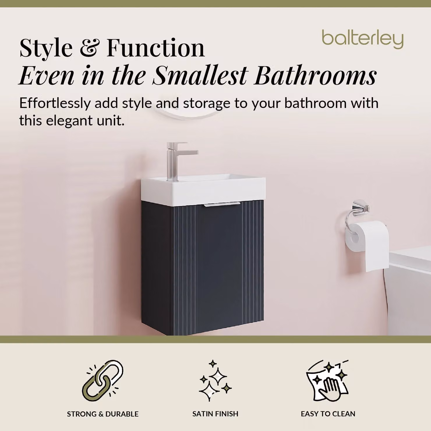 Balterley Retro Wall Mounted Bathroom Vanity Basin Unit, Dark Grey, W: 40 cm, D: 43.8 cm, H: 40 cm – 2