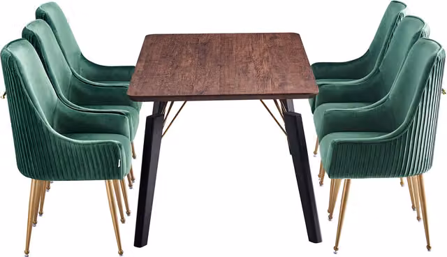 Life Interiors Soho Cosmo LUX Dining Set with Square Table and 6 Green Velvet Upholstered Chairs