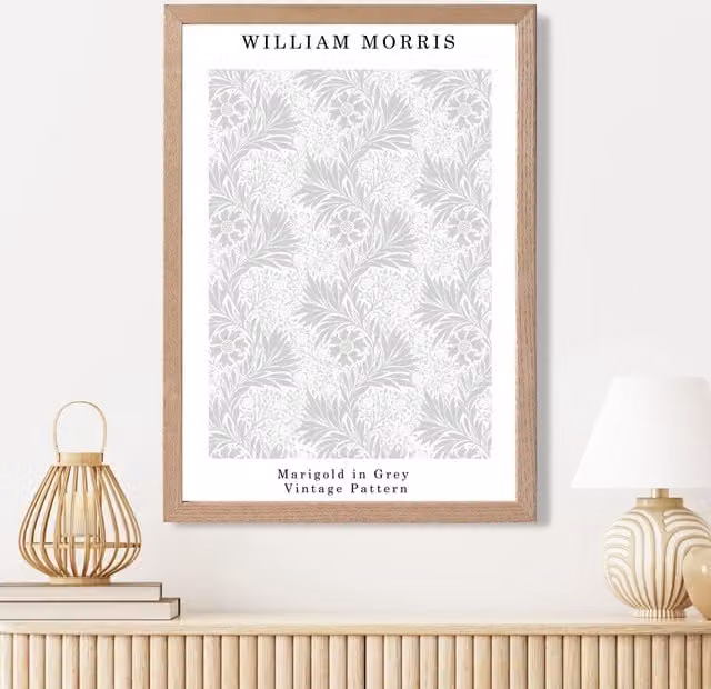 ARTZE William Morris Marigold Floral Art Print in Grey with Light Grey Oak Frame, A4 Size