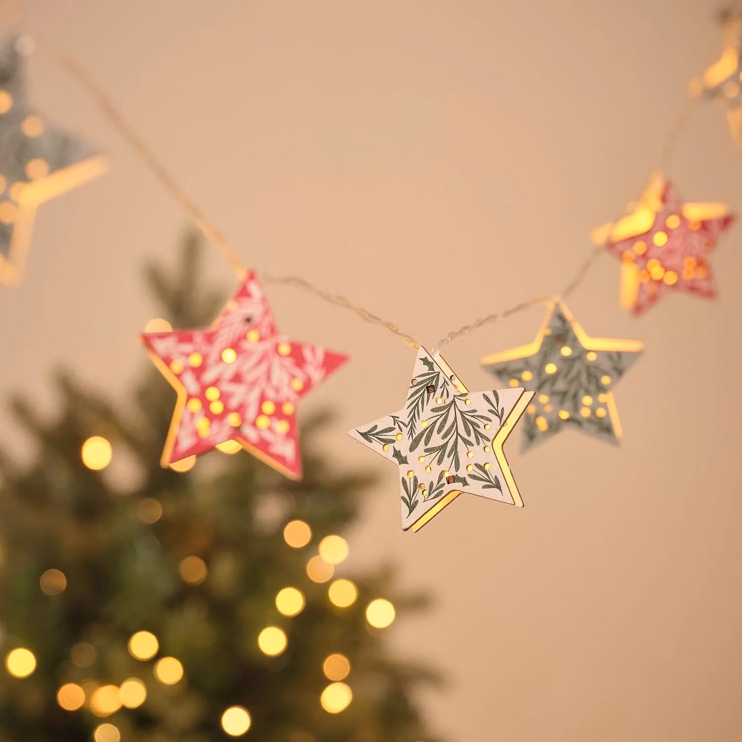 Lights4fun 10 Folk Patterned Wooden Star LED Fairy Lights in Multicolour RGB