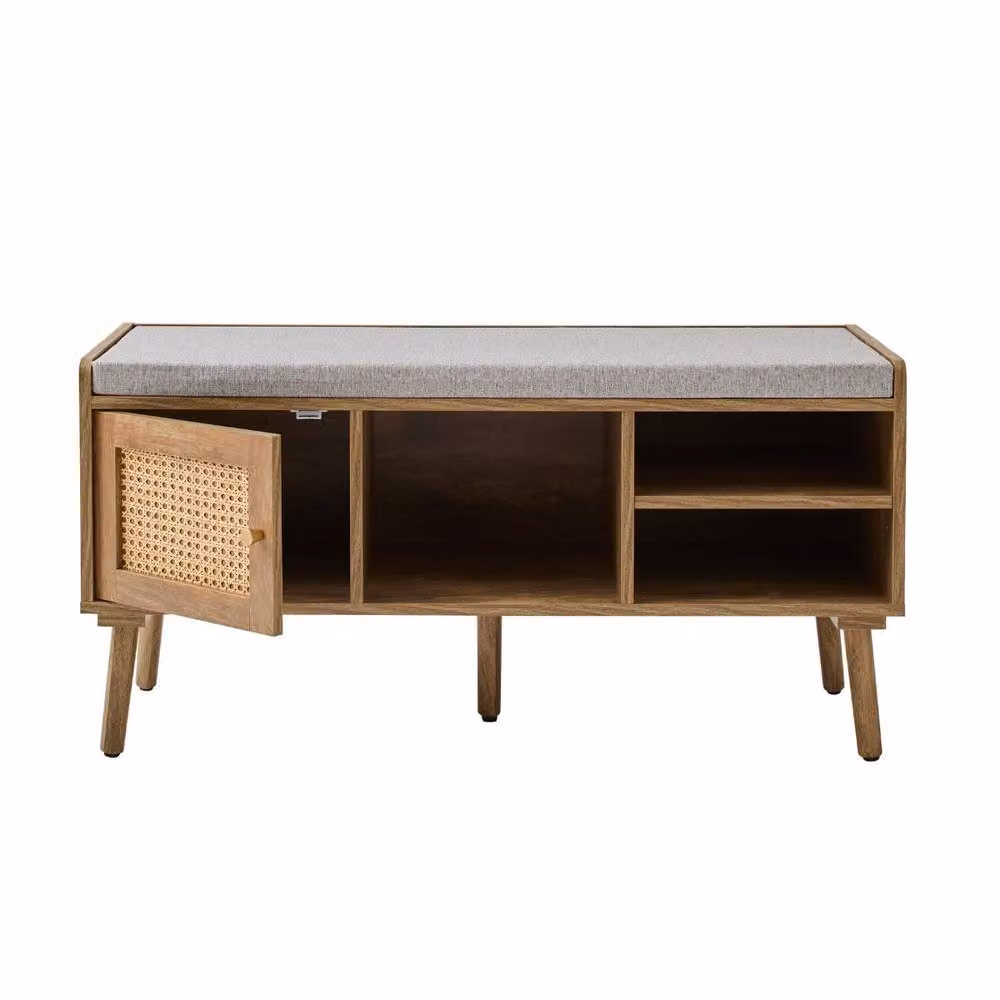 CALICOSY PALMO Shoe Bench with Rattan Front and 1 Door in Brown and Gold, Width: 100 cm – 4