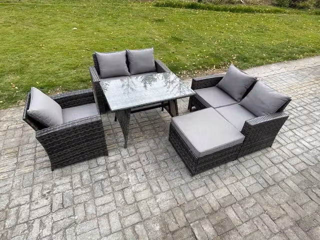Fimous 6 Seater Wicker PE Rattan Garden Dining Set with Rectangular Table, Double Seat Sofa and Big Footstool in Dark Grey