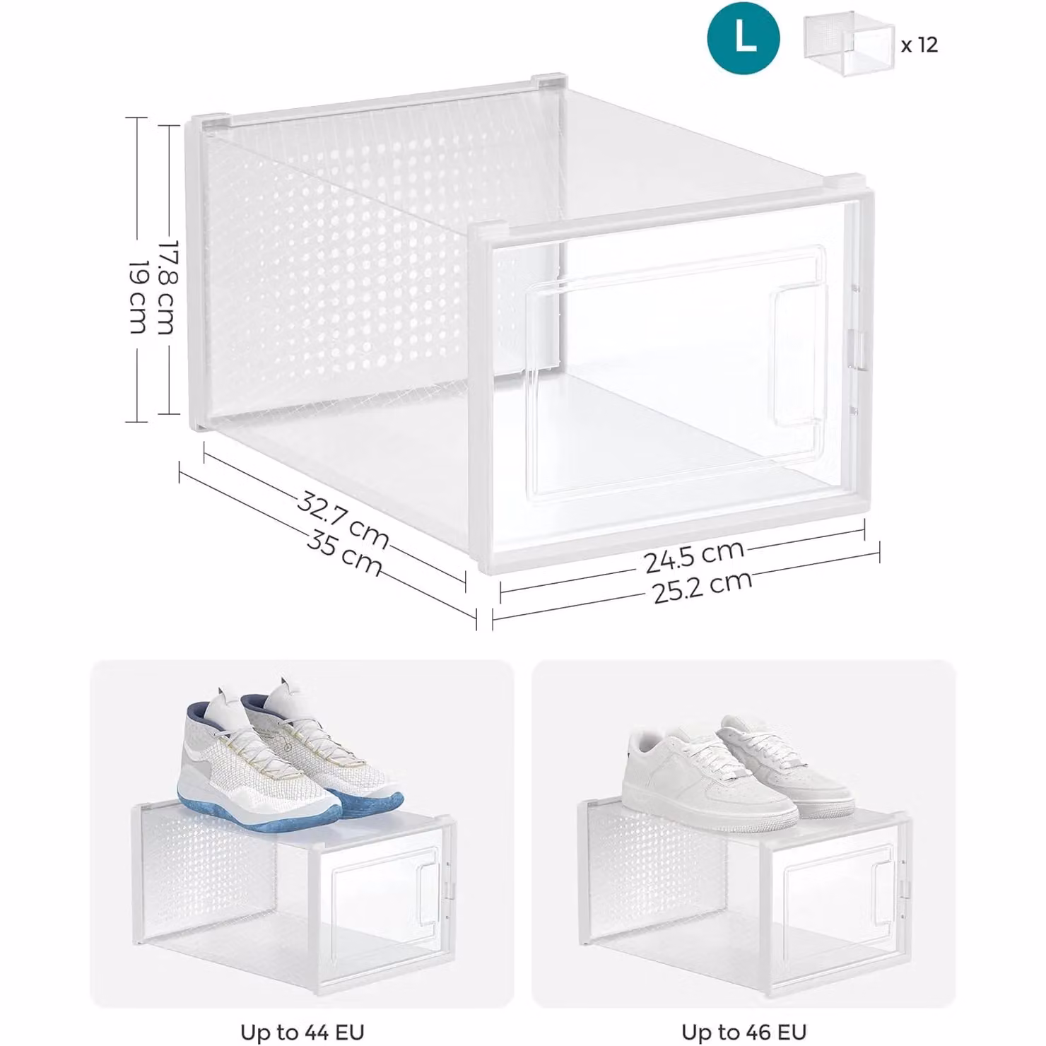 SONGMICS Pack of 12 Stackable and Foldable Large Shoe Storage Organisers in White and Transparent – 2