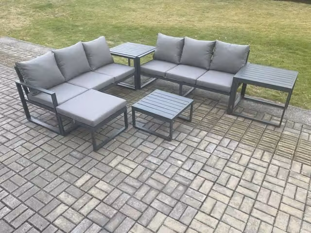 Fimous 7 Seater L-Shape Garden Furniture Set in Dark Grey with Powder Coated Aluminium Frame, Cushions, Coffee Table and Ottoman