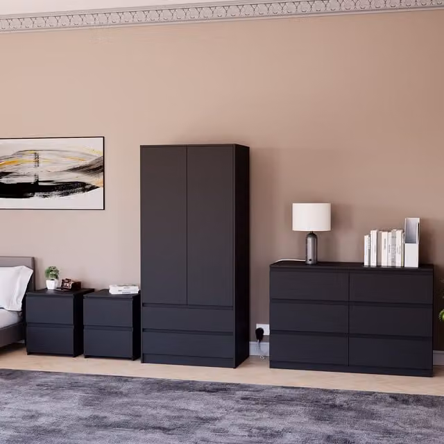 Vida Designs Denver Modern Bedroom Set in Matt Black including 2 Drawer Bedside Tables, 6 Drawer Chest and 2 Door Wardrobe