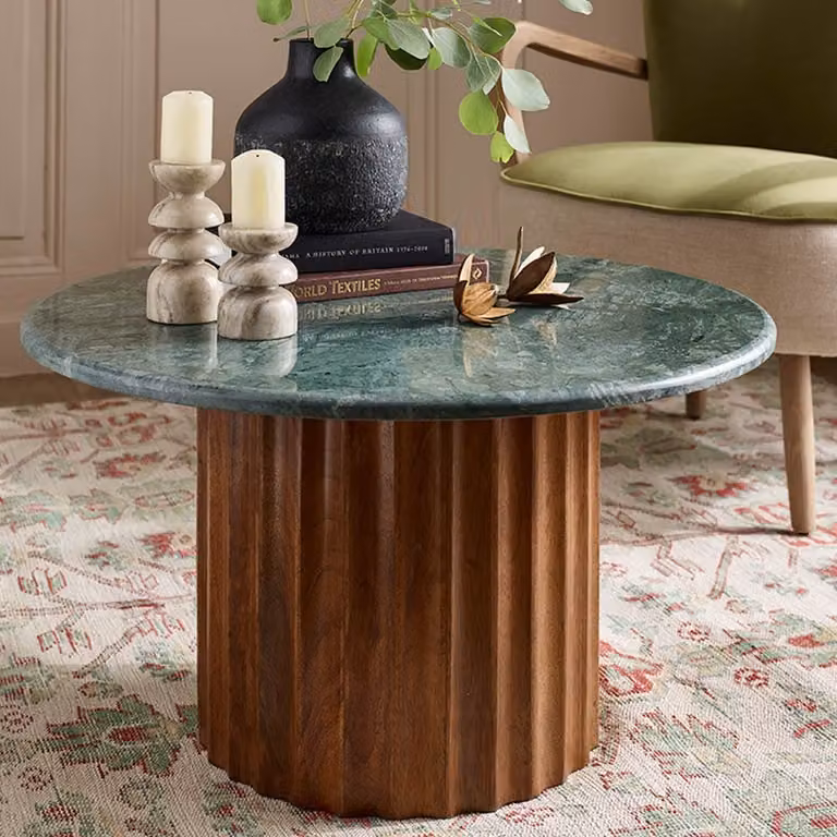 Atkin and Thyme Jude Round Fluted Marble and Mango Wood Coffee Table in Green