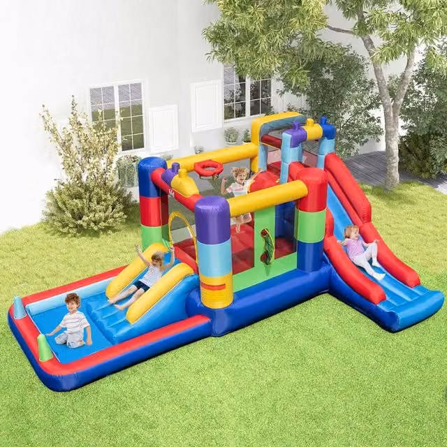 Costway Building Block Inflatable Bounce House with Slide and Safety Net in Blue and Multicolour