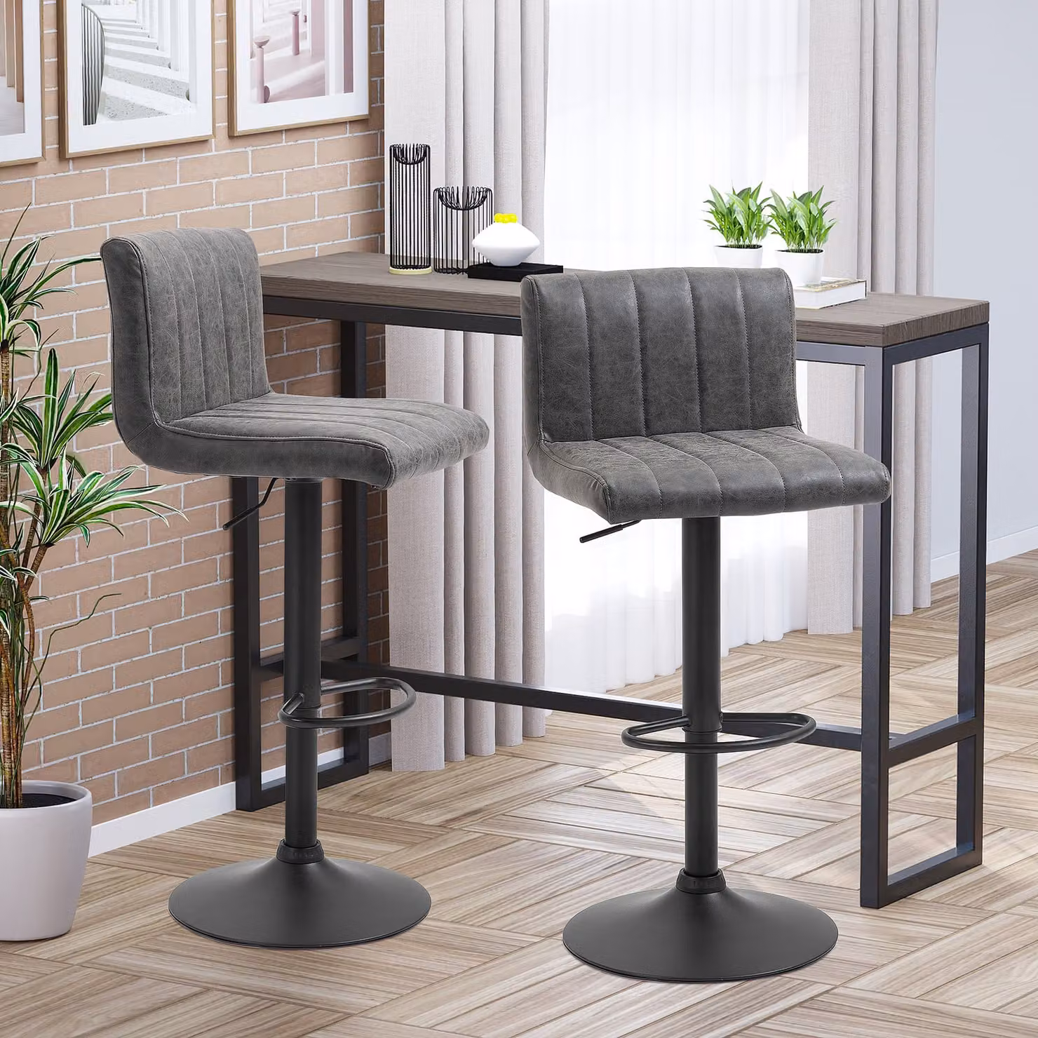 HOMCOM Set of 2 Grey PU Leather Adjustable Height Bar Stools with Footrest and 360 Degree Swivel – 2