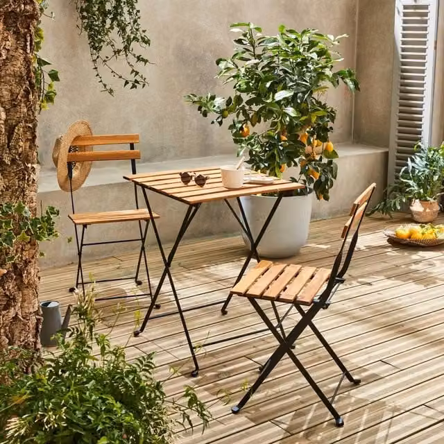 sweeek Black 2-Seater Foldable Bistro Garden Table and Chairs Set with Acacia Wood Top – 1
