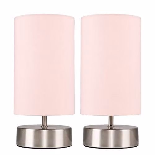 ValueLights Francis Dimmable Touch Table Lamps in Brushed Chrome and Pink, Set of 2