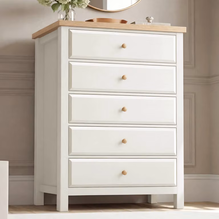 DHS Haven White Tall 5 Chest of Drawers in Lacquered Wood and MDF