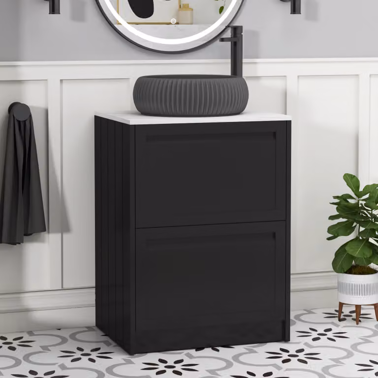 Royal Bathrooms Elmore 600mm Matt Nocturne Black Floor Standing Countertop Vanity Unit with 2 Drawers and Milan Black Basin