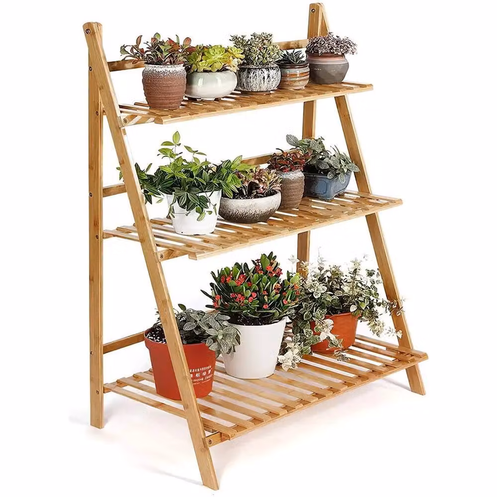 FORGEVIO 3 Tier Folding Ladder Planter Shelf in Brown and Beige Wood, H 96.0 cm x W 70.0 cm x D 40.0 cm – 3