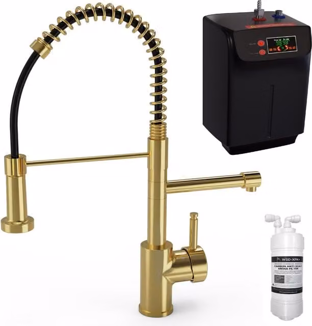 BWT Kitchflow Three in One Instant Boiling and Filtered Water Kitchen Tap and Tank in Brushed Brass