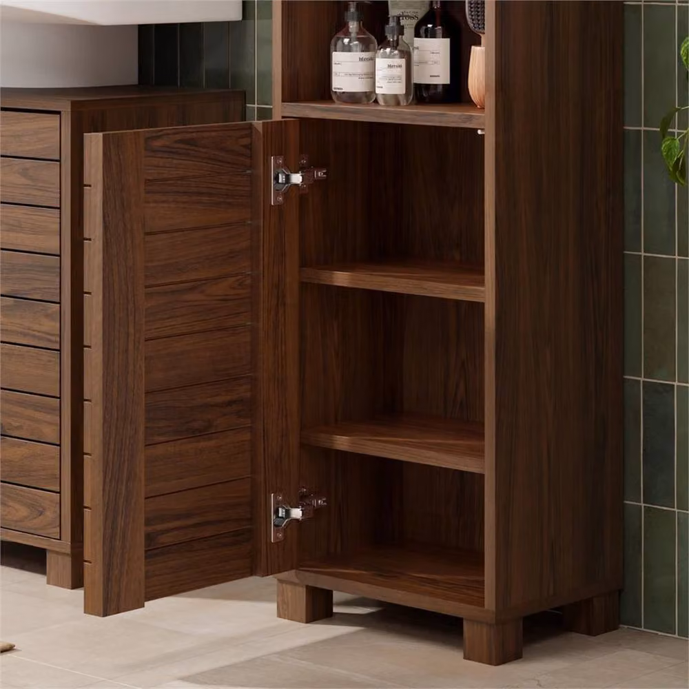 EONLION Tall Brown Wood Bathroom Storage Cabinet with Hinged Doors and Internal Shelves, H 165 x W 34 x D 23 cm – 3