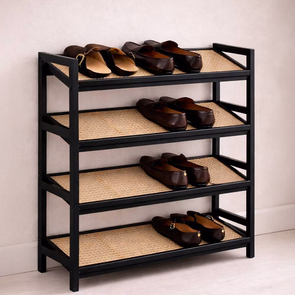 Keplin 4 Tier Bamboo and Rattan Shoe Organiser Rack in Black and Natural – 8