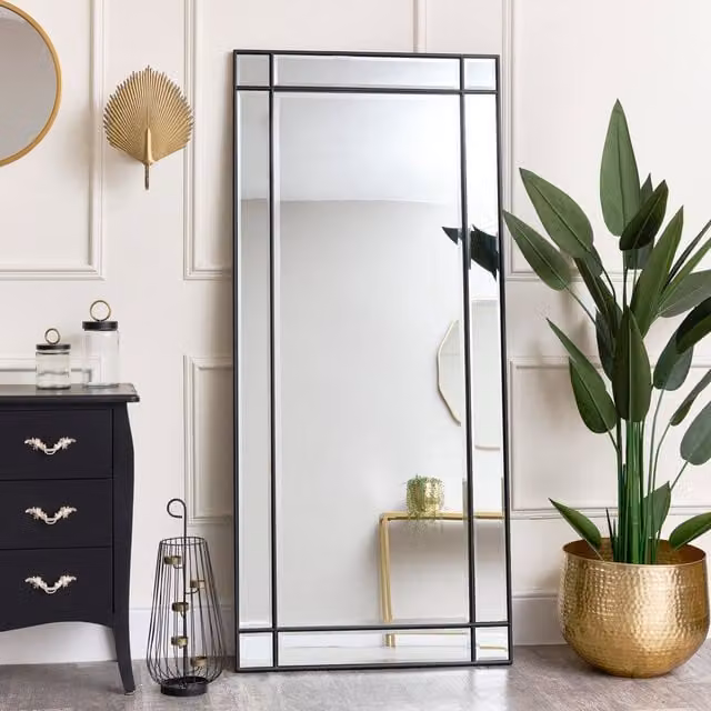 Melody Maison Large Black Framed Wall or Leaner Mirror with Bevelled Glass, W: 80 cm, H: 180 cm
