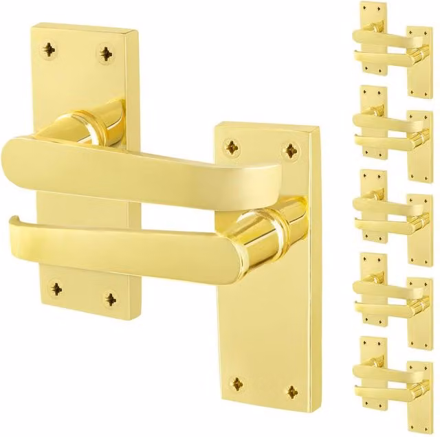 AFIT Polished Brass Door Handle Latch Set with Backplates in Gold, 6 Pairs – 1