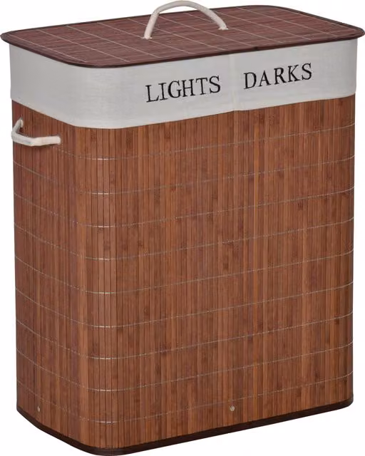 HOMCOM 100L Collapsible Dual Section Laundry Basket with Lid and Removable Liner in Brown – 1