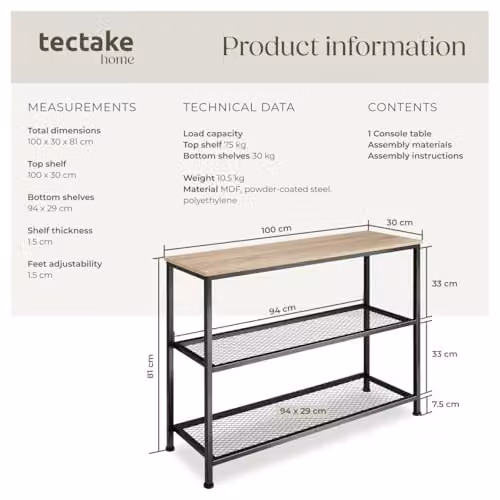 tectake Bristol Industrial Style Console Table with 2 Wire Shelves in Oak Brown, W/D/H: 81 x 30 x 30 cm – 3