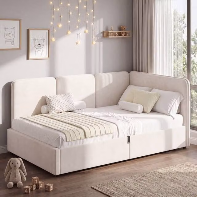 Merax Modern Single Velvet Ottoman Daybed with Reversible Corner Design in Beige, W/D/H: 90 x 190 cm