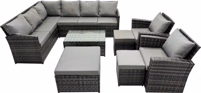 Fimous 11 Seat Outdoor Corner Sofa Set with Coffee Table and Stools in Dark Grey – 1
