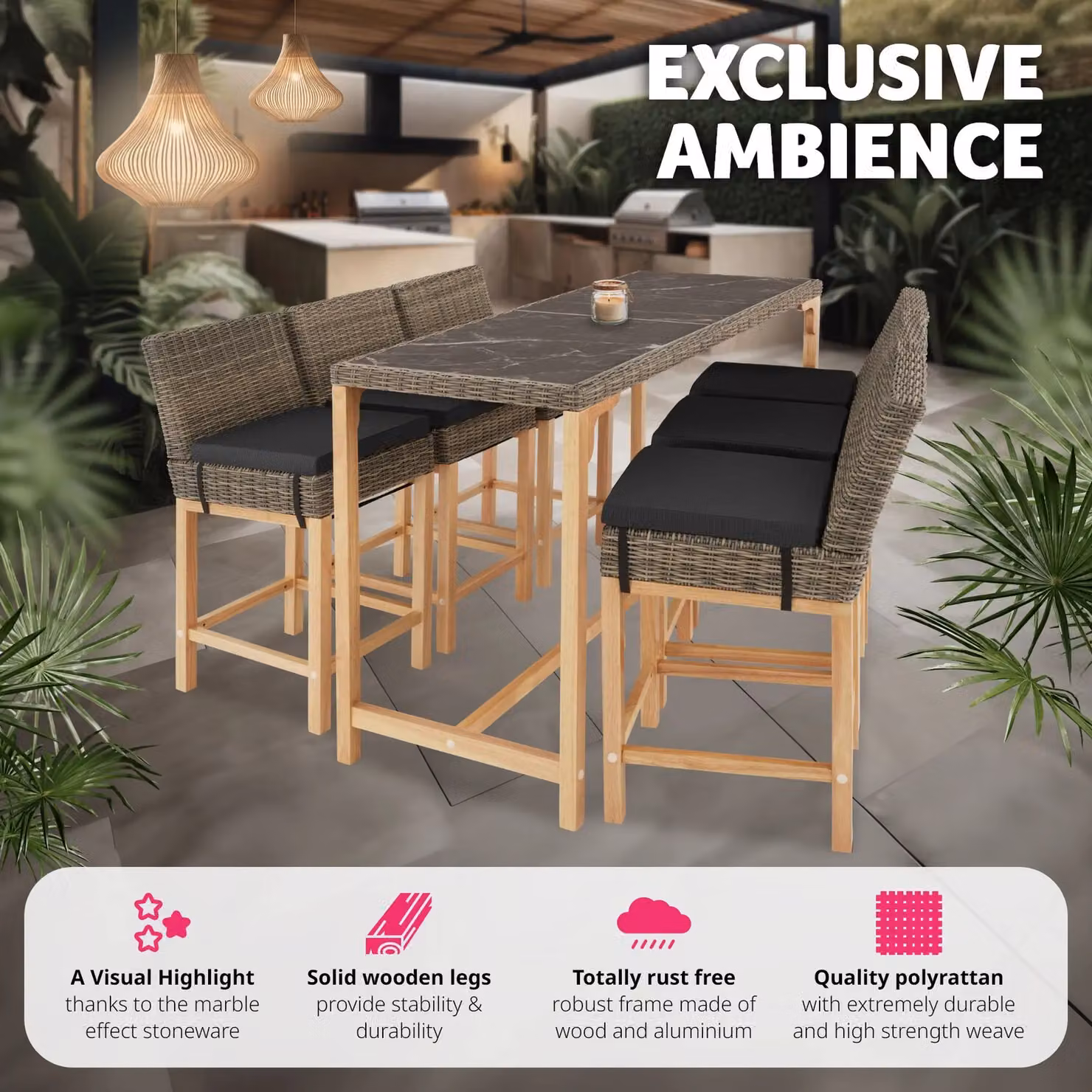 tectake Lovas Round Garden Table in Natural Brown and Multicolour Polyrattan with Marble Effect Top – 3