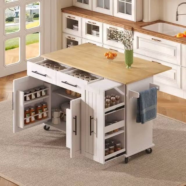 Merax Rolling Kitchen Island Trolley with Drop Leaf and Pull Out Storage in White, W/D/H: 90 x 40 x 40 cm – 1
