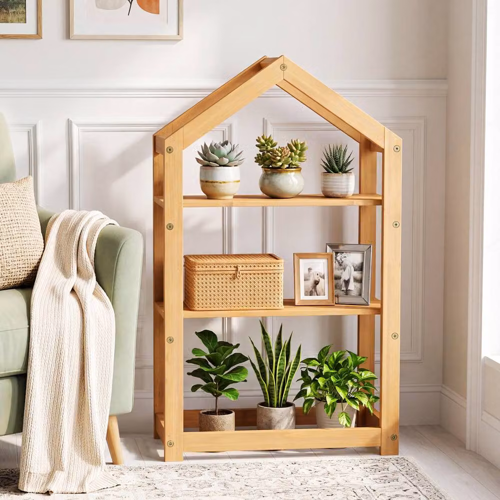 Costway 2-Tier Acacia Wood House-Shaped Corner Plant Stand in Brown or Sand – 3