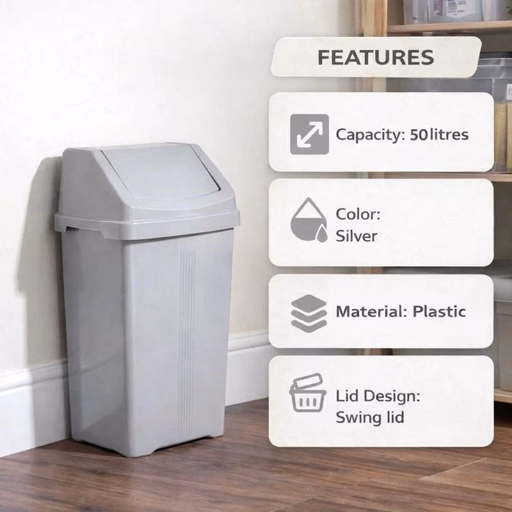 PAWNORA 50 Litre Plastic Swing Lid Kitchen Bin in Silver – 3
