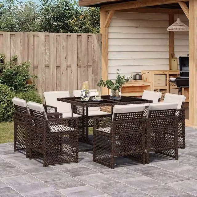 Berkfield Home 9 Piece Brown Poly Rattan Garden Dining Set with Cushions