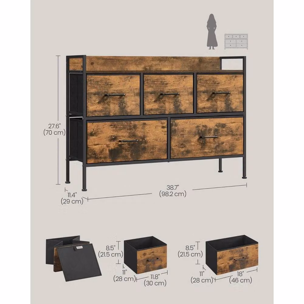 KORVIXA Industrial Chest of Drawers with 5 Fabric Drawers and Metal Frame in Brown, W: 100 cm x H: 70 cm x D: 40 cm – 2