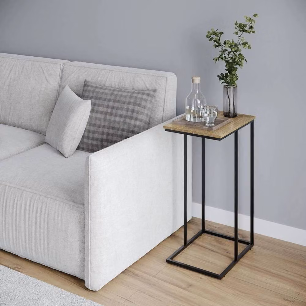 FORGEVIO Modern C-Shaped Industrial Side Table with Oak Top and Black Steel Frame, W/D/H: 30 x 30 x 66 cm – 3
