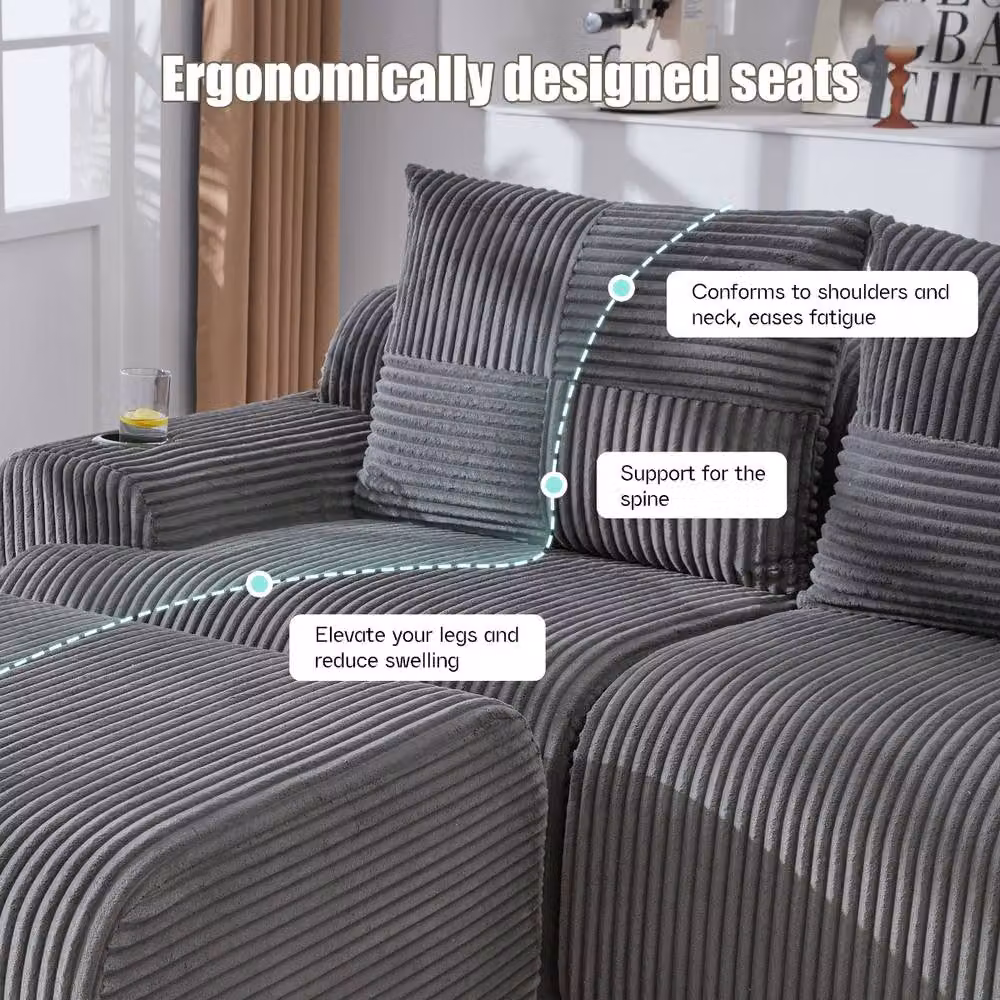 Rolipo Dark Grey 4-Seater Modular Cord Sofa with Ottomans and Cup Holders – 2