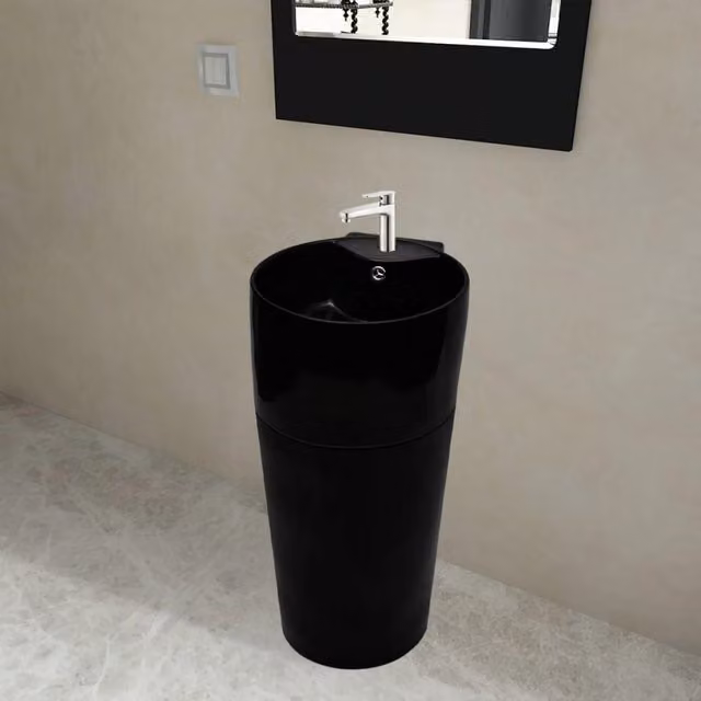 Berkfield Home Black Glossy Ceramic Round Bathroom Sink Basin with Overflow Hole