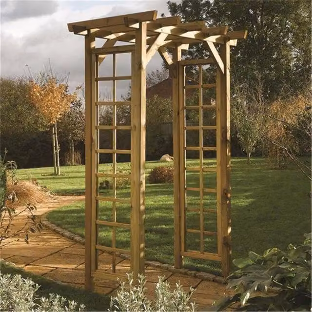 Cheshire Pressure Treated Square Arch with Open Trellis Sides in Light Oak Brown Wood
