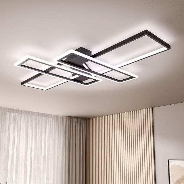 Livingandhome Modern Z-Shaped Geometric LED Ceiling Light with Black Metal Frame and Cool White Light, 120W