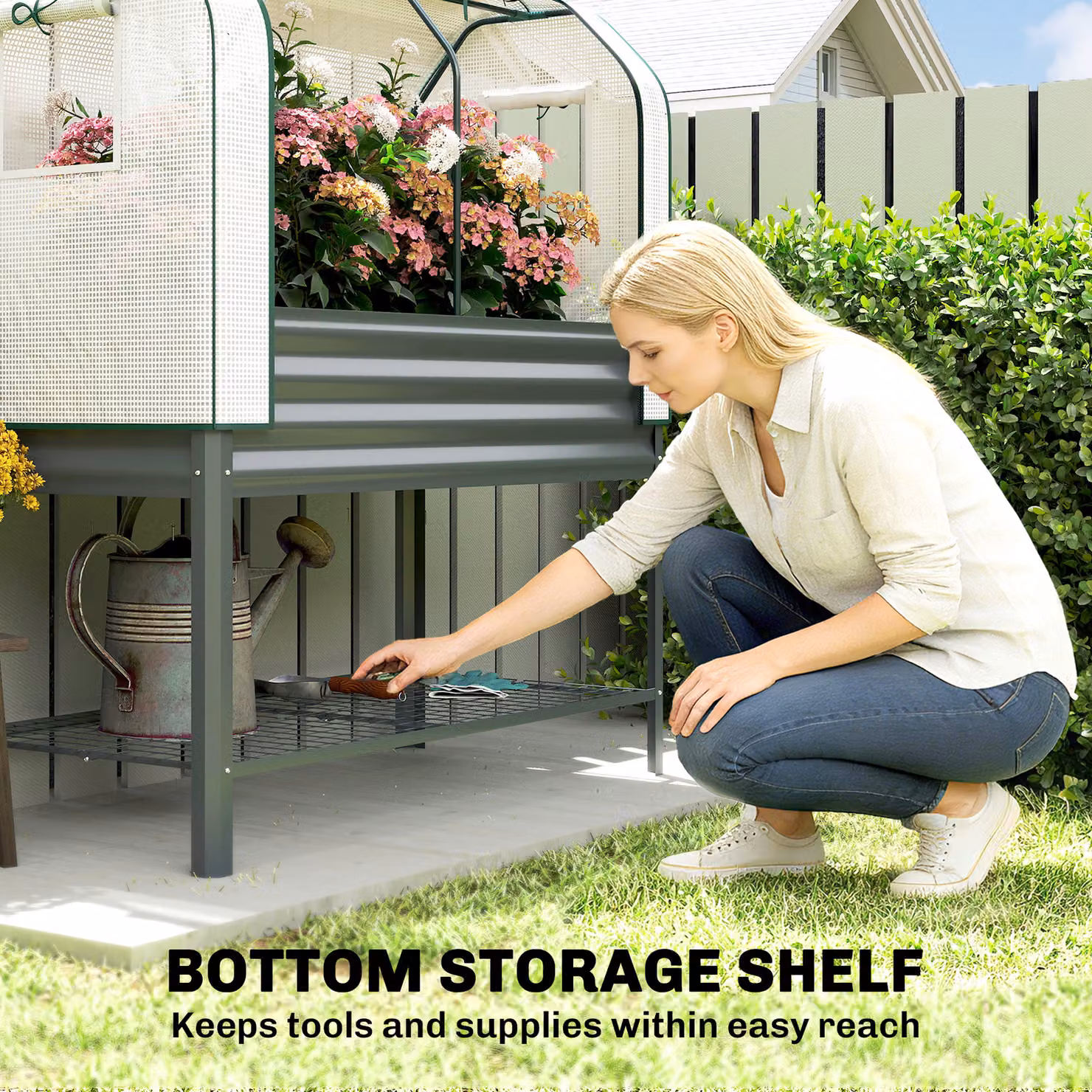 Outsunny Grey Galvanised Metal Raised Planter with Greenhouse Cover, Bed Liner and Bottom Shelf, W/D/H: 140 x 120 x 55 cm – 7