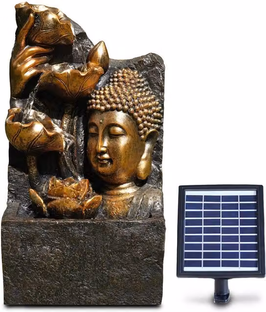 GEEZY Buddha Head Solar Water Fountain with LED Lights, Gold Tabletop Cascade