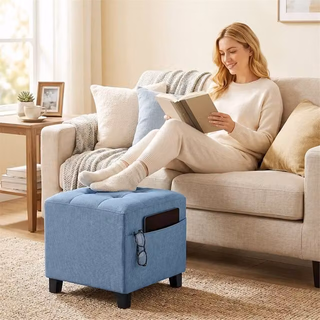 EONLION Blue Fabric Square Cube Footstool with Side Pocket, W: 100 cm – 1