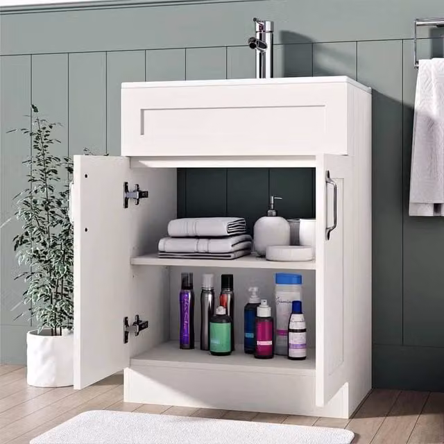 FORGEVIO White Glossy Floor Standing Bathroom Vanity Unit with Ceramic Basin, Width: 60 cm – 1