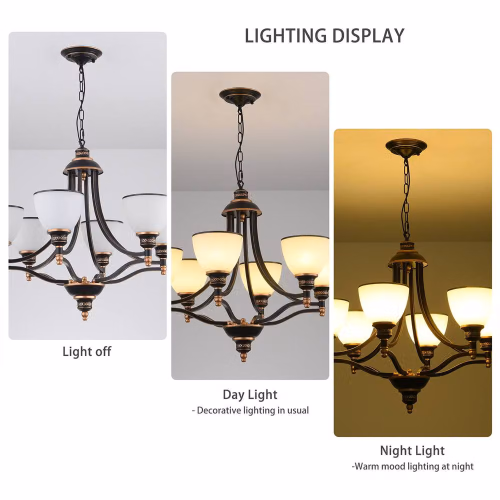NIVOR Classic 6-Light Bell Pendant Chandelier in Black and Bronze with Gold Frosted Glass and E27 Sockets – 3