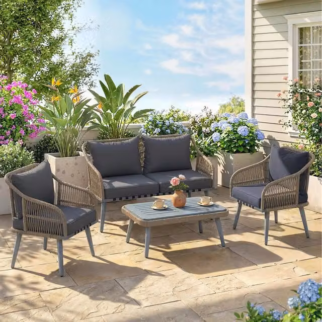 Outsunny 4 Piece Grey Polyrattan Garden Furniture Set with Upholstered Cushions